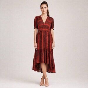 The Kooples Size Small Black Red Hot Snake Print Midi Dress Silk Blend NWT